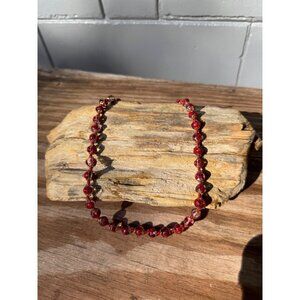 Vintage Red Murano Glass Bead Necklace With Floral Accents and Brass Spacers